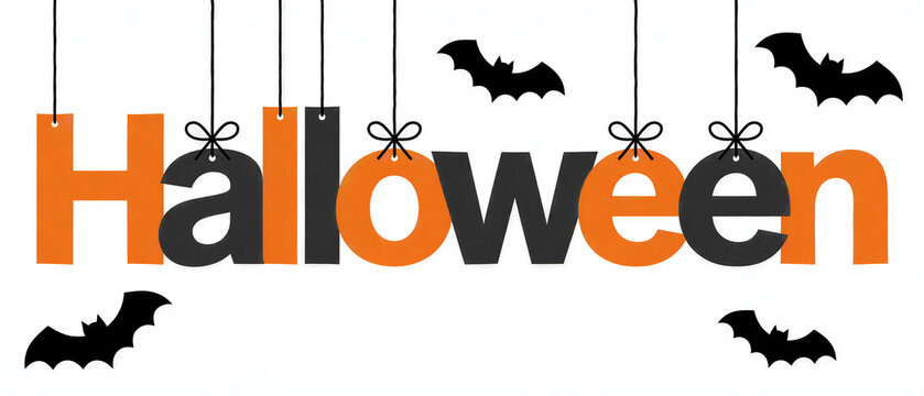 Hanging Halloween Letters with Bats on White Background