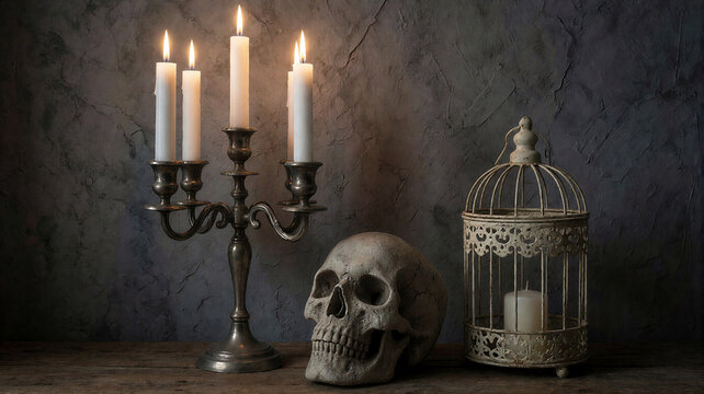 Vintage Silver Candelabra and Skull in Candlelight