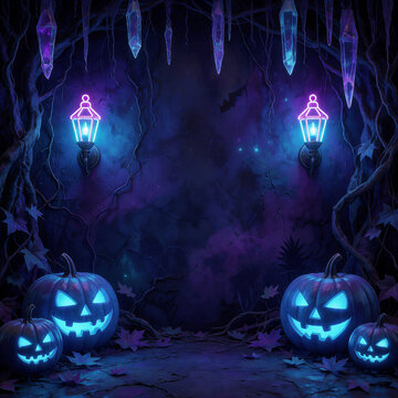 Mystical Blue Halloween Backdrop with Glowing Pumpkins
