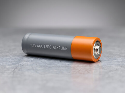 Single aaa alkaline battery orange grey cylinder for household electronics.