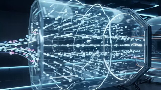 Futuristic quantum processor chamber glows brightly with complex glowing holographic data structures flowing through transparent glass containers inside a high technology research laboratory. 4K