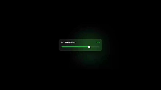 Green volume control slider interface, digital audio level at 75 percent, modern dark mode UI element, sleek multimedia sound adjustment bar
