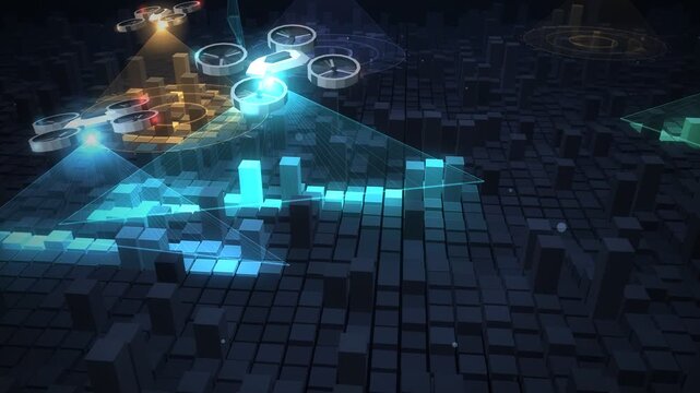 Autonomous hover drones scanning a futuristic digital urban landscape
