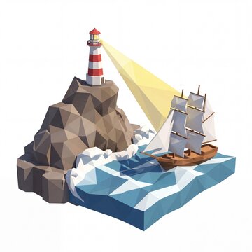 Low poly lighthouse guiding a sailing ship on ocean waves