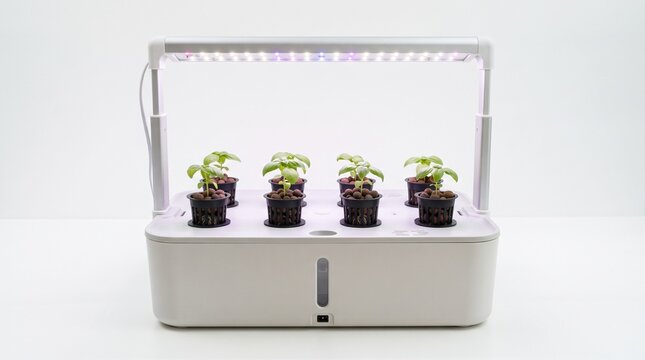 A compact indoor hydroponic growing system for home use on white surface