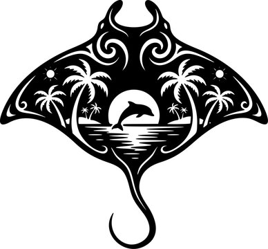 Black and white stingray silhouette with tropical landscape vector