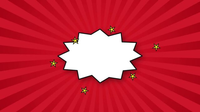 Animated comic book speech bubble on red sunburst background with twinkling stars.
