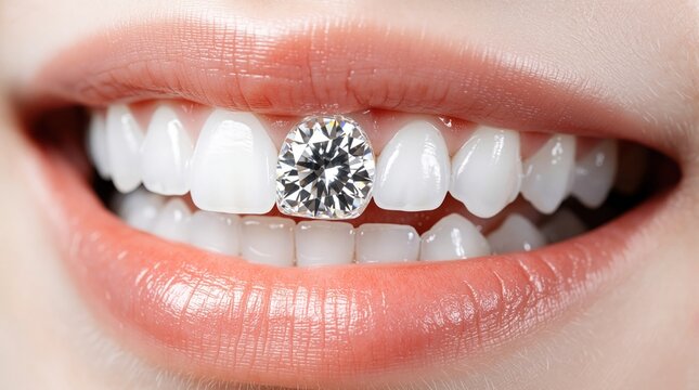 Macro shot of white teeth with large diamond tooth gem. Woman shows sparkling dental bling jewelry on front tooth. Luxury cosmetic dentistry trend features precious stone decoration in mouth.
