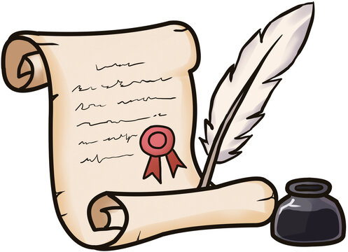 Cartoon vintage scroll parchment with quill feather pen ink pot wax seal certificate illustration