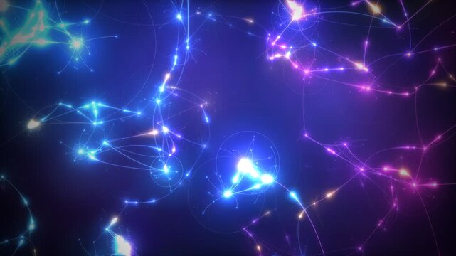 Glowing neural network synapses firing and pulsing signals in digital brain background loop