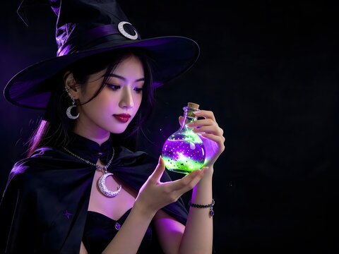 Beautiful young witch holding a glowing magical elixir on dark background
