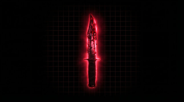 Glowing red silhouette of a bloody knife on a dark grid background