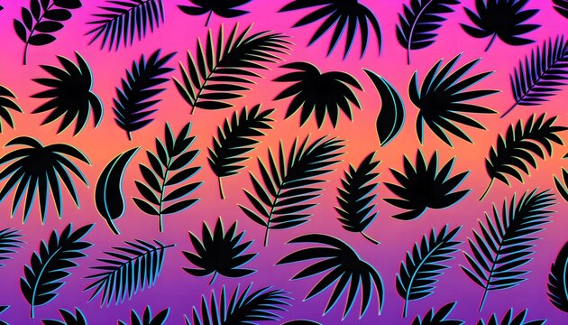 Seamless horizontal pattern of neon palm leaf outlines against sunset gradient background.
