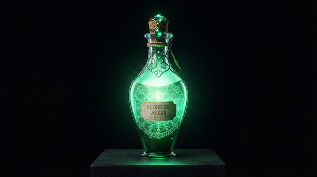 Mystical glowing green elixir bottle with arcane symbols and label