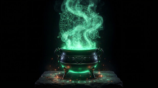 Mystical cauldron bubbling with emerald green magic and arcane symbols