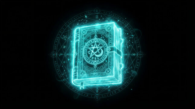 Mystical glowing spellbook with arcane symbols and celestial circle
