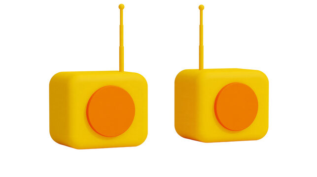 Isolated pair of vibrant yellow cube remotes with orange circular buttons and extended antennas