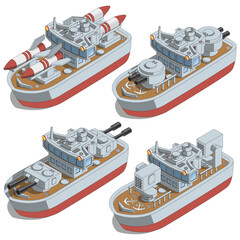 Fototapeta premium A set of warships. Isometric. Isolated on white background. Vector illustration.