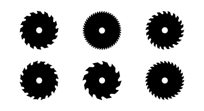 Circular saw blades vector set, black silhouette cutting tools, industrial hardware icons