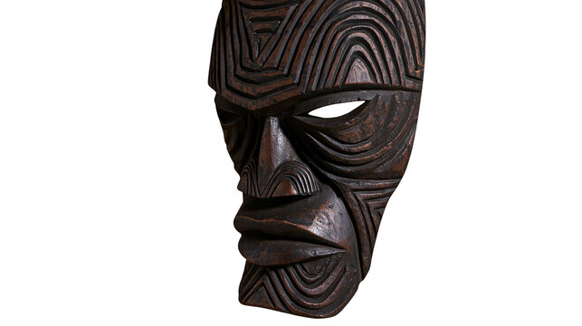 Isolated handcrafted wooden tribal mask with intricate carvings and an antique finish