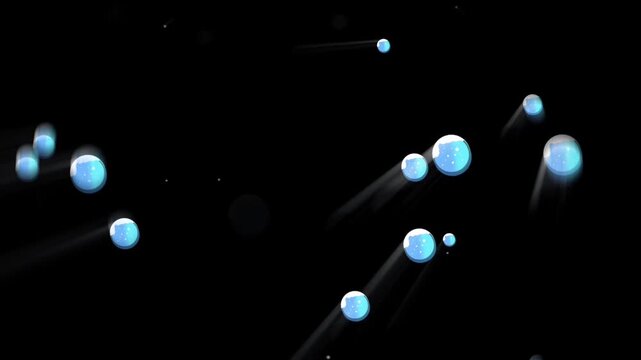 Abstract glowing blue spheres with light trails moving dynamically on dark background