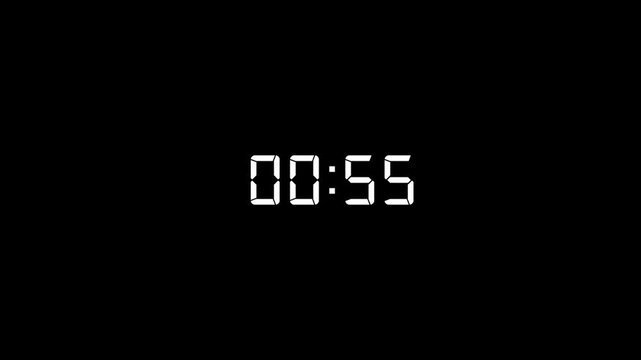 Digital Countdown timer one minute animation from 60 to 0 seconds on transparent background.