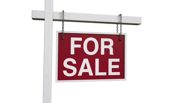 Isolated red FOR SALE sign on white wooden post with metal chains, real estate concept