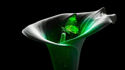 Naklejka premium Emerald butterfly rests gently on calla lily