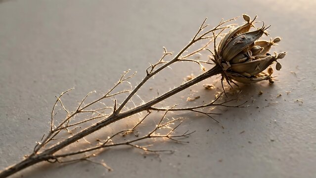 Dried Seed Head on Slender Stem in Warm Sunlight