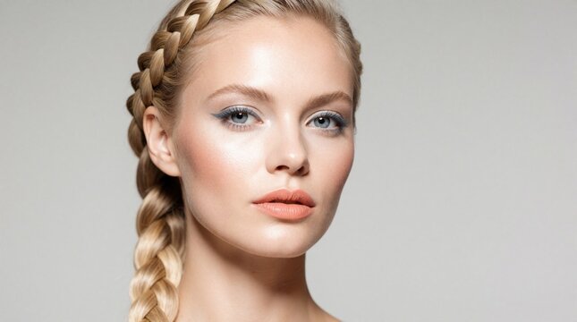 Elegant Scandinavian woman with blonde braided hair shows beauty makeup. Close up portrait of young caucasian female with peach lips, gray eyeliner, pearl highlighter. Model stylish coiffure with