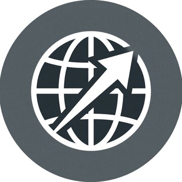 Minimalist globe icon with white arrow on dark grey circle. Graphic symbol shows movement, global travel, international business direction. Earth sphere with longitude, latitude lines represents