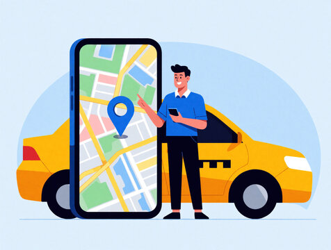 Young man uses smartphone app to book taxi ride. Large mobile phone shows GPS navigation map with location pin. Yellow cab car waits in background. Person orders ride sharing service for city travel,