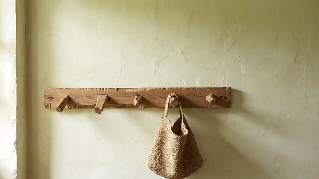 Woven Straw Bag Hanging on Rustic Wooden Wall Rack