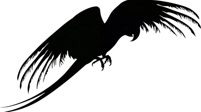 Isolated black silhouette of a tropical parrot or macaw in flight, elegant and minimal design.