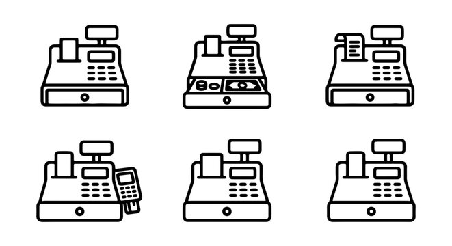 Cash register icon set, checkout machine vector symbols, retail store payment equipment