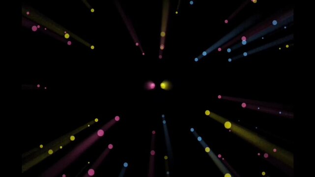 Abstract colorful glowing particles with radial light rays zooming on black background