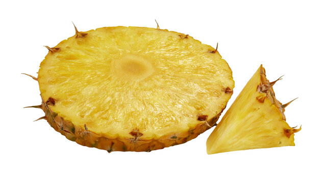 Isolated pineapple slices and one wedge, fresh ripe tropical fruit, healthy food close up