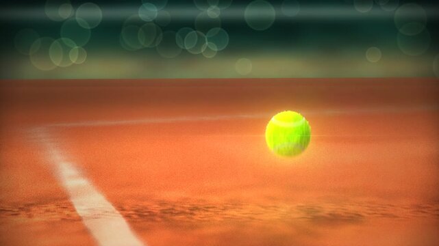 Tennis ball bouncing on clay court baseline in glowing sports arena motion background
