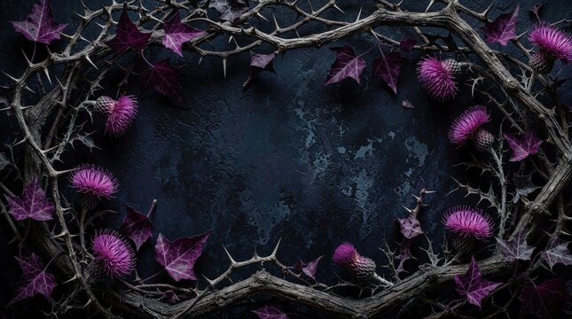 Dark gothic background with dry thorny branches, purple thistle flowers. Worn grunge texture with ivy leaves creates eerie atmosphere. Mysterious plants frame empty center space for fantasy design,