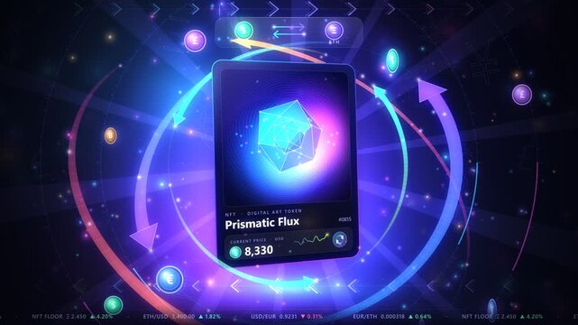 digital nft token art market exchange loop with cryptocurrency trading card and global currency symbols