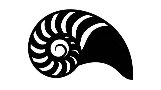 Isolated elegant black nautilus shell silhouette. Graphic spiral design and abstract nature symbol.