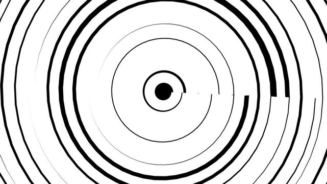 Abstract minimal black and white concentric circular lines rotating around center point on white background.