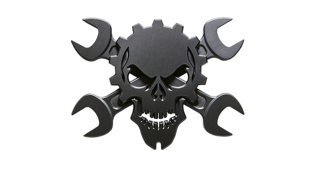Isolated dark metallic skull logo design with crossed wrenches and gear for mechanic workshop