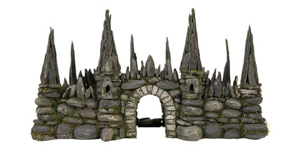 Isolated ancient fantasy castle ruin with stone archway, spiky dark turrets, and green moss © Conor