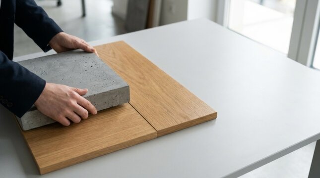 Person choosing concrete and wood samples for interior design