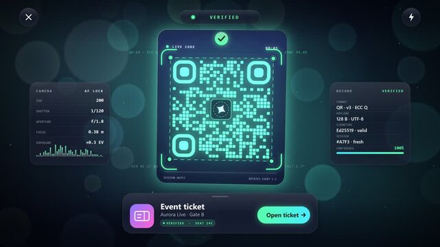 Futuristic mobile app scanning QR code for event ticket verification and secure login