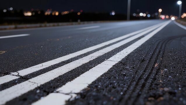 A close-up view of a wet asphalt road surface with white double solid lines and tire tracks on a dark highway at night under street lighting