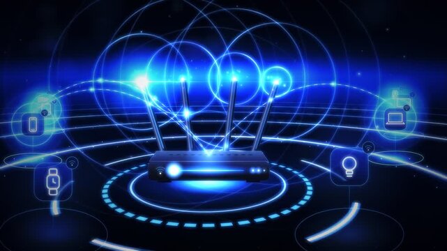 Wireless internet router transmitting Wi-Fi signal waves to connected smart devices