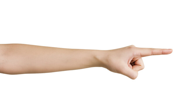 Isolated adult's arm and hand pointing right, index finger extended, with F (1938 text