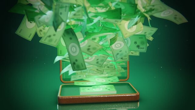 Leather wallet opening with a fountain of flying dollar bills and cash animation